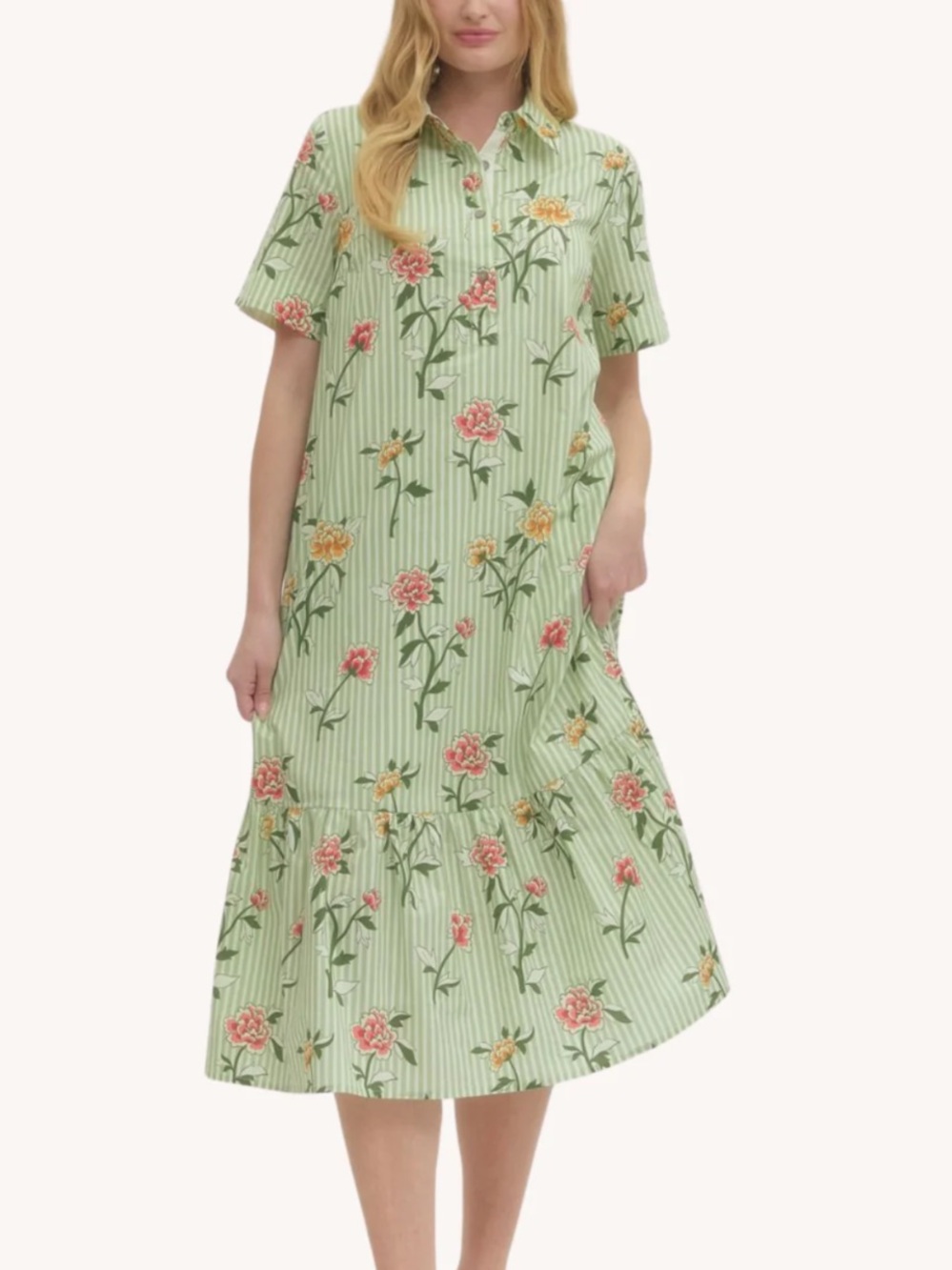 New Boho Cottagecore Green Stripe Collared Floral Dress